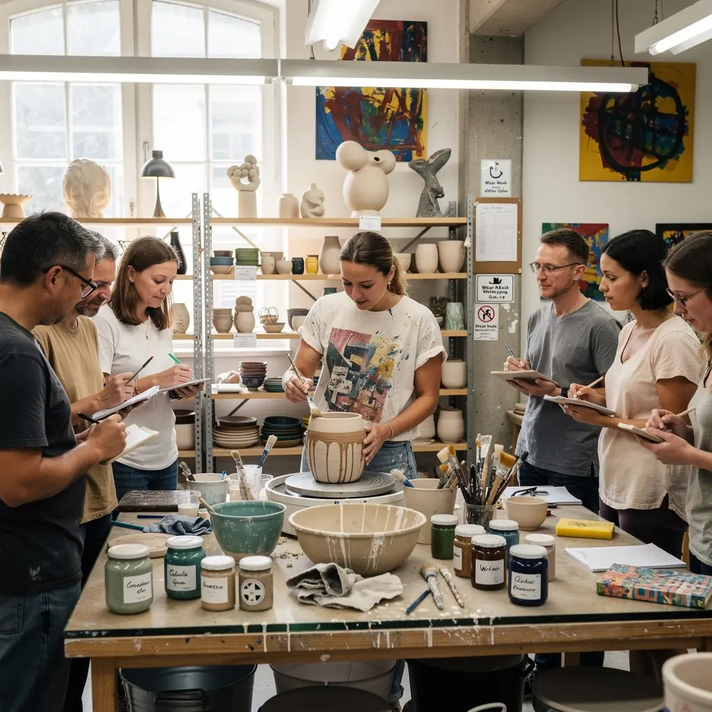Farbenfrohe Glasuren, die auf frisch getöpferte Keramiken aufgetragen werden.