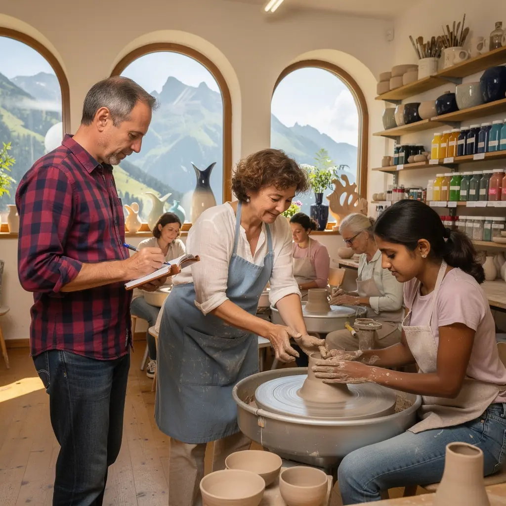 Ein Töpfer, der mit beiden Händen einen Tonklumpen auf einer Töpferscheibe formt.